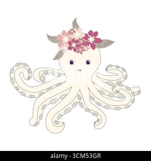 Unterwasserbewohner im Boho-Stil. Vektor-Illustration Tiere mit Blumen. Oktopus Stock Vektor