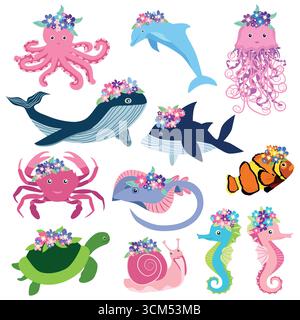 Unterwasserbewohner im Boho-Stil. Vektor-Illustration Tiere mit Blumen. Wale, Delfine, Quallen, Seepferdchen, Schildkrötenhaie, Krabbenschnecken Stock Vektor