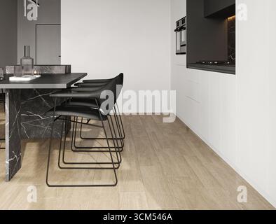 Minimalistisches Küchendesign mit Esstisch aus Marmor und moderner Beleuchtung im 3D-Render Stockfoto
