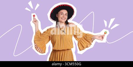 Zeitschriftenausschnitt einer glücklichen Frau mit Flamenco-Hut, die Maracas auf violettem Hintergrund spielt. Stilvolles Poster Stockfoto