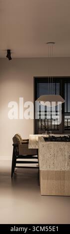 Modernes Küchendesign mit Ambientebeleuchtung und natürlichen Texturen im 3D-Rendering Stockfoto