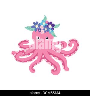 Unterwasserbewohner im Boho-Stil. Vektor-Illustration Tiere mit Blumen. Oktopus Stock Vektor