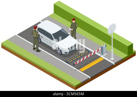 Isometrischer Kontrollpunkt mit Soldaten, bewaffneten Wachen, Barrieren und Stoppschildern. Konzept von Grenzpatrouille, Migrationskontrolle und Sicherheitskontrolle Stock Vektor