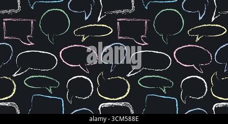 Textfelder mit Sprechblase für Tafeltafel nahtloses Muster mit Buntstift-Textur auf schwarzem Unterrichtsbrett. Handgezeichnete Callout-Wolken. Bildungsvektor illustr Stock Vektor