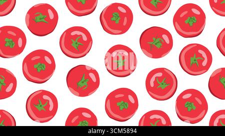 Nahtloses Vektormuster für Tomaten. Flache Tomaten mit Lichtern und Schatten auf weißem Hintergrund. Natürliches Vektormuster mit roten Tomaten für Stoff Stock Vektor