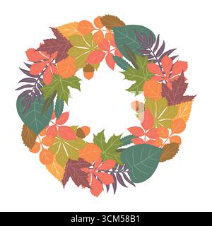 Der Fall hinterlässt einen Vektorkranz mit Eichen. Flache Herbstblätter auf weißem Hintergrund. Natürliches Vektormuster für Stoff, Papier, Tapeten, Cover, Flyer, TE Stock Vektor