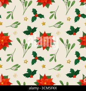 Nahtloses Weihnachtsmuster. Winterpflanzen, Blumen und Beeren. Trendige Retro-Stil Vektor-Illustration Stock Vektor