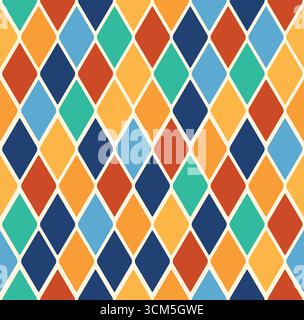 Zirkus-Harlekin-Muster, Rautenmuster mit diamantförmigen Motiven in Kontrastfarben. Vektor visuell auffällige und repetitive Fliesendesi Stock Vektor