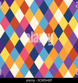 Zirkus-Harlekin-Muster, Rautenmuster mit diamantförmigen Motiven in Kontrastfarben. Vektor visuell auffällige und repetitive Fliesendesi Stock Vektor