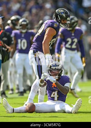 Baltimore, Usa. September 2025. Zay Flowers feiert im dritten Quartal des Heimauftritts der Ravens im M&T Bank Stadium in Baltimore, Maryland, den ersten Abholjäger gegen die Cleveland Browns 2025. Foto: David Tulis/UPI Credit: UPI/Alamy Live News Stockfoto