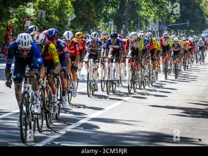 Montreal, Quebec, Kanada. September 2025. Während des heutigen Grand Prix Cycliste, einem prestigeträchtigen WorldTour-Event, das einige der besten Fahrer aus der ganzen Welt anzieht, rasen Radfahrer durch die Straßen von Montréal. Die Zuschauer säumten den Platz und jubelten, als das Feld durch anspruchsvolle Steigungen und rasante Sprints im Herzen der Stadt vorstieß. (Kreditbild: © Serkan Senturk/ZUMA Press Wire) NUR REDAKTIONELLE VERWENDUNG! Nicht für kommerzielle ZWECKE! Stockfoto