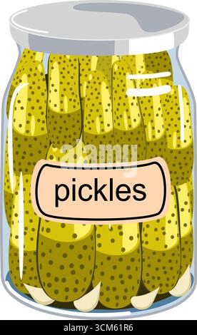 Hausgemachte Gurken mit Knoblauch in einem Glas, Vektor-Illustration Stock Vektor