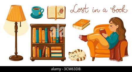 Vektor-Set mit Mädchen lesen im Sessel, Bücher, Tee, Lampe, Katze. Isolierte gemütliche Herbstillustration auf weißem Hintergrund Stock Vektor