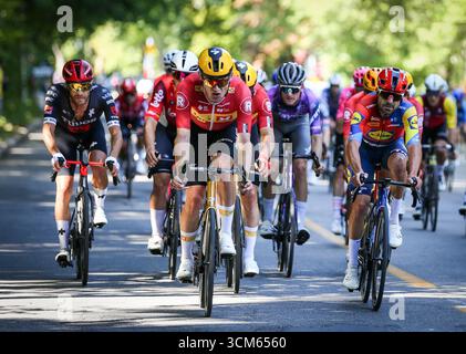 Montreal, Quebec, Kanada. September 2025. Während des heutigen Grand Prix Cycliste, einem prestigeträchtigen WorldTour-Event, das einige der besten Fahrer aus der ganzen Welt anzieht, rasen Radfahrer durch die Straßen von Montréal. Die Zuschauer säumten den Platz und jubelten, als das Feld durch anspruchsvolle Steigungen und rasante Sprints im Herzen der Stadt vorstieß. (Kreditbild: © Serkan Senturk/ZUMA Press Wire) NUR REDAKTIONELLE VERWENDUNG! Nicht für kommerzielle ZWECKE! Quelle: ZUMA Press, Inc./Alamy Live News Stockfoto