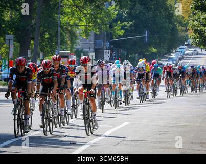 Montreal, Quebec, Kanada. September 2025. Während des heutigen Grand Prix Cycliste, einem prestigeträchtigen WorldTour-Event, das einige der besten Fahrer aus der ganzen Welt anzieht, rasen Radfahrer durch die Straßen von Montréal. Die Zuschauer säumten den Platz und jubelten, als das Feld durch anspruchsvolle Steigungen und rasante Sprints im Herzen der Stadt vorstieß. (Kreditbild: © Serkan Senturk/ZUMA Press Wire) NUR REDAKTIONELLE VERWENDUNG! Nicht für kommerzielle ZWECKE! Quelle: ZUMA Press, Inc./Alamy Live News Stockfoto