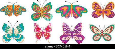 Grooviger Retro Butterfly Set Cartoon Stock Vektor