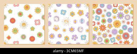 Grooviges Retro-Set Mit Nahtlosem Blumenmuster Stock Vektor