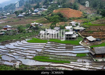 Terrassen-Reisfelder mit Wasser befinden sich neben einem Dorf im Hochland von Sapa in der Provinz Lao Cai, Vietnam. Stockfoto