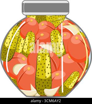 Hausgemachte Gurken und Tomaten mit Knoblauch in einem Glas Vektor Illustration Stock Vektor