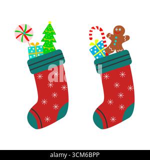 Weihnachtssocken. Zwei Socken voller Winterurlaub süß und Geschenke. Festlicher Weihnachtsstrumpf voller Geschenkbox, Zuckerrohr, weihnachtsbaum. Vektor Stock Vektor