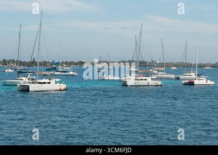 Viele Katamaran-Touristenboote mitten im karibischen Meer in der Nähe von Womans Island in cancun mexiko Stockfoto