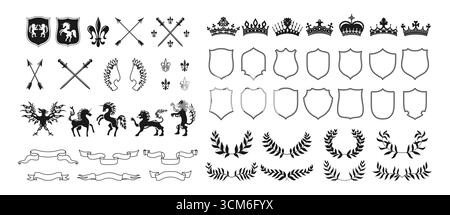 Wappen- oder Wappenvektorset. Heraldik-Elemente Tiere Einhorn, Löwe, Adler, Flügel, Schwerter und Pfeile, Bänder, Kränze, Kronen, heraldische Lilienblume. Mittelalterliche Embleme Fantasy Königreich Stock Vektor