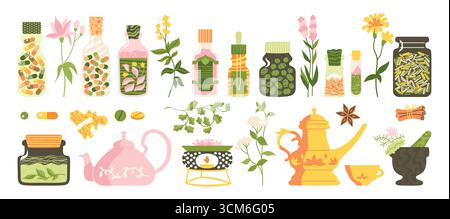 Ayurveda-Medizin-Zeichentrickset. Flache medizinische ayurvedische Vektorillustration. Arzneimittelflasche mit Pillen Kapseln Vitamin, Kosmetik. Tinkturtee und Teekanne, Ingwer und Gewürze. Kräuter und Blumen Stock Vektor