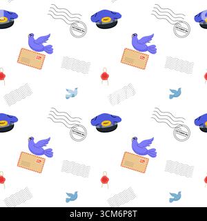 Buntes Muster mit Postelementen und Vögeln, die Kommunikationskonzepte veranschaulichen Stock Vektor