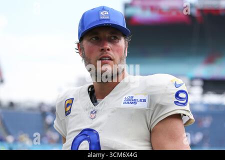 Nashville, USA. September 2025. Los Angeles Rams Quarterback Matthew Stafford (9), nachdem er am 14. September 2025 das Spiel 33-19 gegen die Tennessee Titans im Nissan Stadium in Nashville, Tennessee gewonnen hatte. (Foto: Kindell Buchanan/SIPA USA) Credit: SIPA USA/Alamy Live News Stockfoto