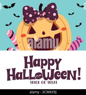Happy Halloween Gruß Text Clipart Vorlage. Halloween und Trick or Treat Typografie in weißem Randdesign mit Kürbis geschnitztem Gesicht Stock Vektor