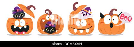 Kürbis-orangefarbenes Clipart-Set. Halloween-Kürbisse-Zeichentrickfilm, Katze und Geister mit offener und schließbarer orangener Calabaza-Clip-Art-Sammlung Stock Vektor