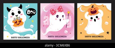 Halloween Geister Clipart Poster Set. Happy Halloween Grußkartenschablone mit niedlichen und skittischen Geisterfiguren Clip Art Kollektion in Blau Stock Vektor