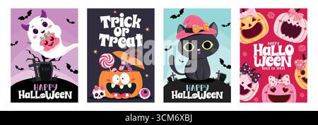 Trick or Treat Halloween Grußkarte Clipart Poster Set. Happy Halloween Gruß Text Clip Art mit Geister, Kürbissen und Katzen süße Charaktere Stock Vektor