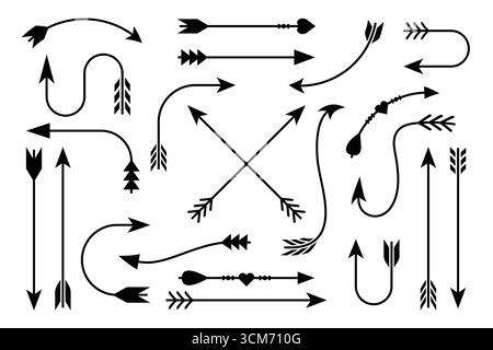 Sortiment an schwarzen Pfeilabbildungen mit verschiedenen Formen, Stilen und dekorativen Fletching, perfekt für Designprojekte Stock Vektor