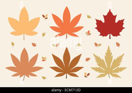 Lebendige Kollektion von Herbstblättern in verschiedenen Formen und Farben, in flachem Design vor hellem Hintergrund, ideal für saisonales Design Stock Vektor