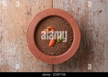 Überreife Chilischoten in Rot und Grün im Tontopf mit dunklem Boden auf verwitterter Holzoberfläche, von oben mit Kopierraum, Nachhaltigkeit Stockfoto