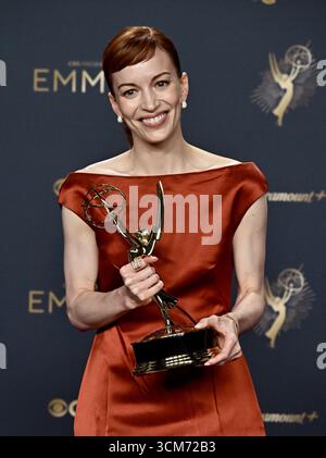 Los Angeles, USA. September 2025. Britt Lower im Pressesaal der 77. Primetime Emmy Awards, die am 14. September 2025 im Peacock Theater in Los Angeles stattfanden. © Starbuck/ Credit: AFF/Alamy Live News Stockfoto