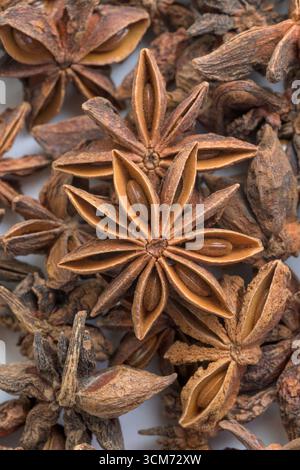 Makroaufnahme aus getrockneten Sternanisschoten mit detaillierter Textur und natürlicher brauner Farbe. Aromatisches Gewürz zum Kochen, Backen, Kräutertee und traditionell Stockfoto