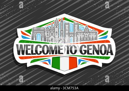 Vektor-Logo für Genua, dekorativer Papieranhänger mit detaillierter Umrissdarstellung der historischen genua Stadtlandschaft auf Tageshimmel Hintergrund, Kunstdesign zu Stock Vektor