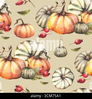 Aquarellkürbisse mit wilder Rose Hüfte, Brüllfrüchten, nahtlosem Muster der Hunderose. Illustration der Herbsternte. Handgezeichnetes Thanksgiving Day-Material Stockfoto