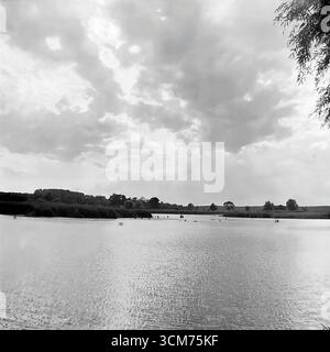 Ein atmosphärisches Schwarz-weiß-Archivfoto aus der Mitte der 1960er Jahre zeigt einen ruhigen Sommertag auf dem Fluss Sewerski Donets in der Nähe des Kurorts Sviatohirsk in der Region Donezk der Ukrainischen SSR. In der Ferne sind anonyme Silhouetten von Menschen sichtbar, die im ruhigen Wasser schwimmen, während das gegenüberliegende Ufer mit dichtem Schilf und Bäumen unter einem dramatisch bewölkten Himmel bedeckt ist. Diese Vintage-Aufnahme fängt perfekt die friedliche Atmosphäre eines typischen sowjetischen Urlaubs während des Chruschtschow-Tauens ein und spiegelt die einfache Freizeit, den einheimischen Tourismus und die malerische Natur der Region wider, embodyi Stockfoto
