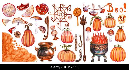 Skurrile Aquarelle Halloween Magic Orange Clipart Set mit Kürbissen, Bronzekessel, Feuer, Netz, Kette, Zauberstab, Pilze und magische Symbole. Id Stockfoto