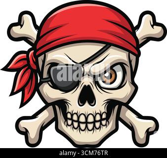 Diese auffällige Illustration zeigt einen wilden Piratenschädel, der mit einem roten Bandana und einer Augenklappe verziert ist. Das Design fängt den abenteuerlichen Geist von p Stock Vektor