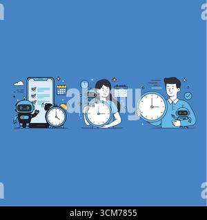 Zeitmanagement und Produktivität mit AI Robots Illustrationsset Stock Vektor