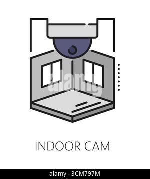 Farblinie Symbol oder Schild der Innenkamera für Heimsicherheit. Eigenschaft Sicherheitssystem Lineart Vektor Symbol, Haus Schutz Technologie Symbol. Piktogramm für Sicherheitsdienst mit Sicherheitskamera für das Apartment oder den Hausraum Stock Vektor