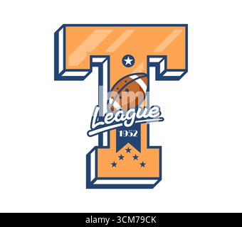 Amerikanischer Varsity-Sport-Buchstabe T, Schulclub-Patch-Etikett. Sport Champion Retro Symbol Vektor Patch, Varsity Athletic Team Vintage Emblem. College Club-Label-Print mit Rugby- oder american Football-Ball Stock Vektor