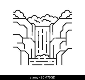 Bergwasserfall Kaskade Landschaft dünne Linie Symbol oder Symbol. National Park Umwelt Element Umrissvektor Symbol, Outdoor Szene Piktogramm. Wasserfall-Kaskade in Gebirgslinie Landschaftssymbol Stock Vektor
