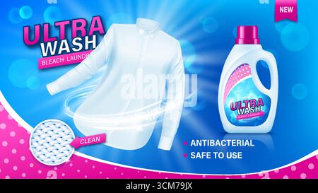 Weißes Hemd und realistisches Waschmittelflaschenposter, Reinigungsproduktwerbung Vektorvorlage. 3D-Plastikflasche mit flüssigem Waschmittel und hellweißem Hemd mit Bokeh-Lichtern Stock Vektor