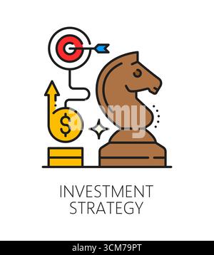Investitionsstrategie, farbiges Symbol oder Symbol für Finanzierungslinien. Lineart-Vektor-Symbol für Business Trade Fund, Umrisszeichen für Investorenstrategie. Investitionspiktogramm mit Schachpferd, Goldmünzen und Ziel Stock Vektor