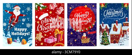 Weihnachtsposter und Grußkarten, Vektor Weihnachten Winterferien. Cartoon Xmas Town House Street, Santa Claus Charakter Skifahren im Schneewald und fliegen im Heißluftballon, Weihnachtsplakate Set Stock Vektor
